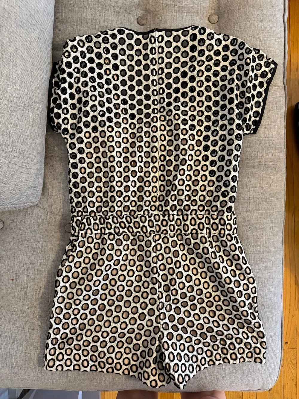 J. Crew Cream Romper with Black Polka Dot Circle Print